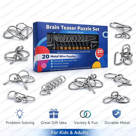 20-Piece Metal Wire Puzzle Set for Kids & Adults - Silver