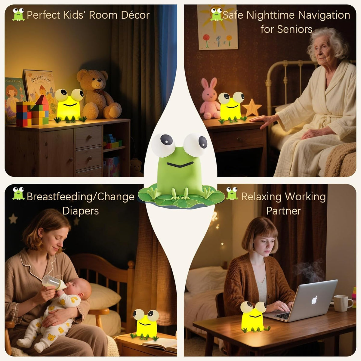 Frog Night Lamp with USB Rechargeable Touch Control - White and Green