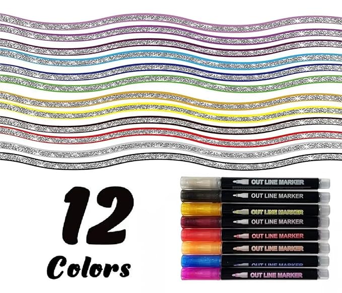 Outline Pen, Self-Outline Metallic Markers, 12 Colours Bullet Journal Pens & Glitter Pens for Card Making, Scrapbooking, Drawing, DIY Art & Crafts, Metallic Markers for Kids and Adults.