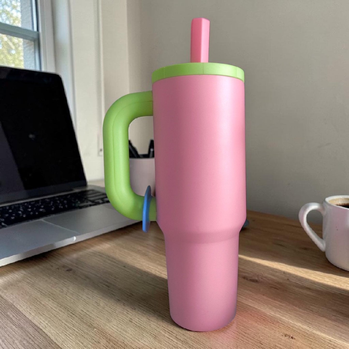 Minimalist Pink & Green Insulated Tumbler with Straw – Large Handle Travel Mug- 1200 ML