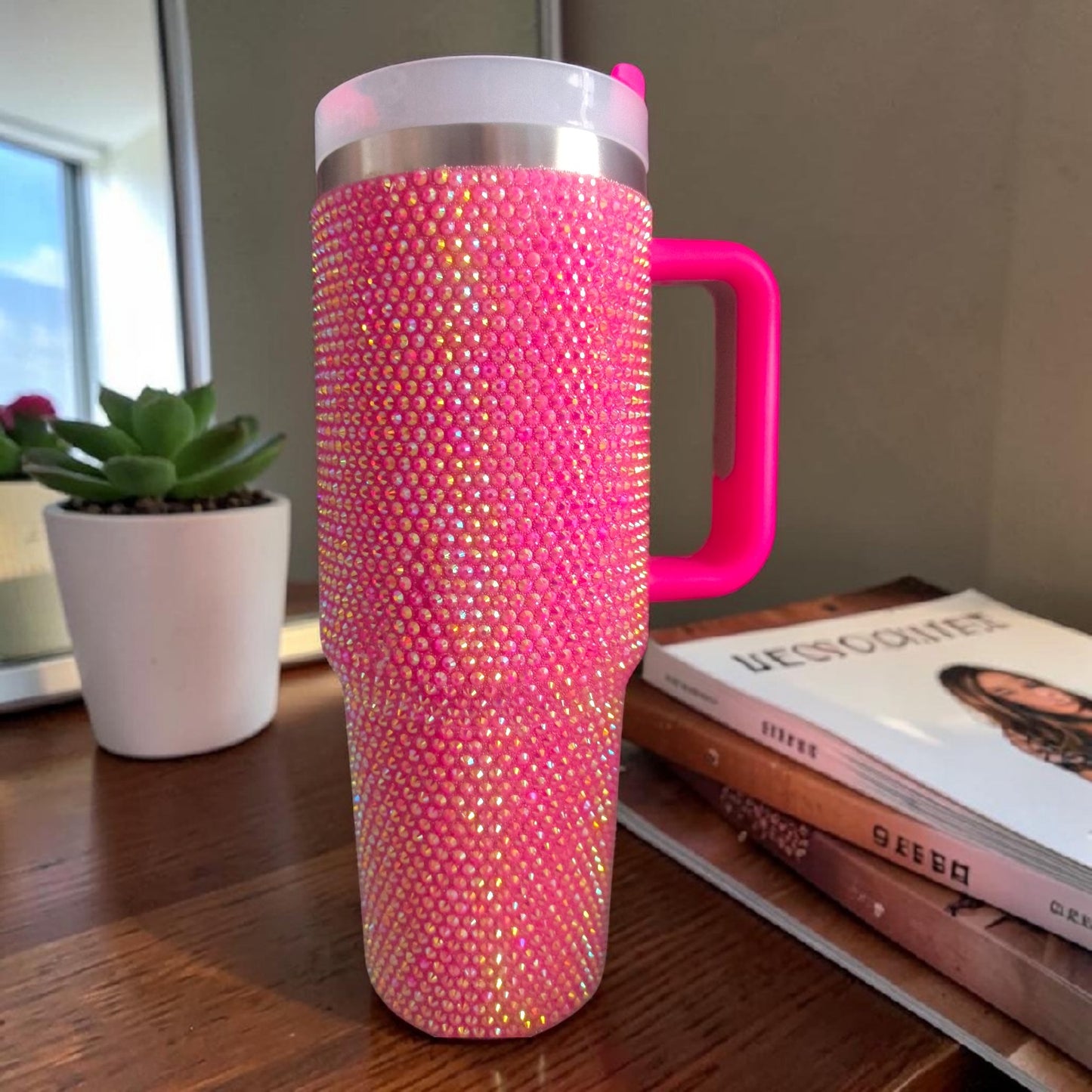 Pink Rhinestone Checkered Tumbler – Sparkly Insulated Travel Mug with Handle- 1200 ML