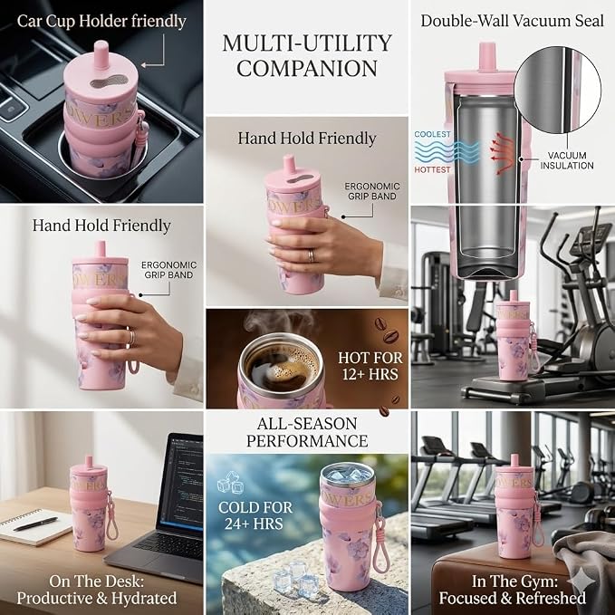 710ml Insulated Stainless Steel Water Bottle with Straw & Carry Strap