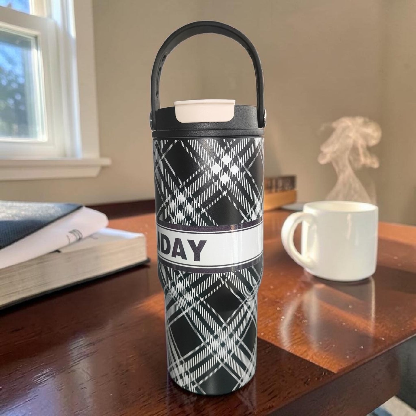 Black & White Plaid Insulated Water Bottle with Carry Handle – Minimalist Travel Flask- 850ML