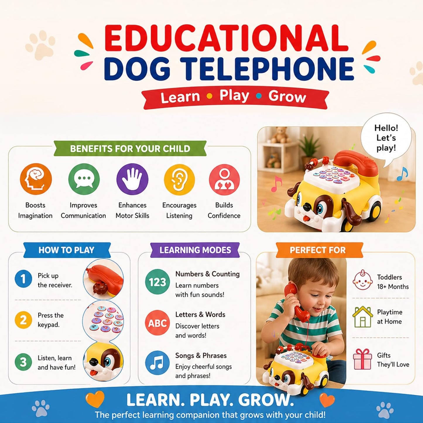 Puppy Telephone Ride-On Toy for Kids – Interactive Musical Learning Phone Car