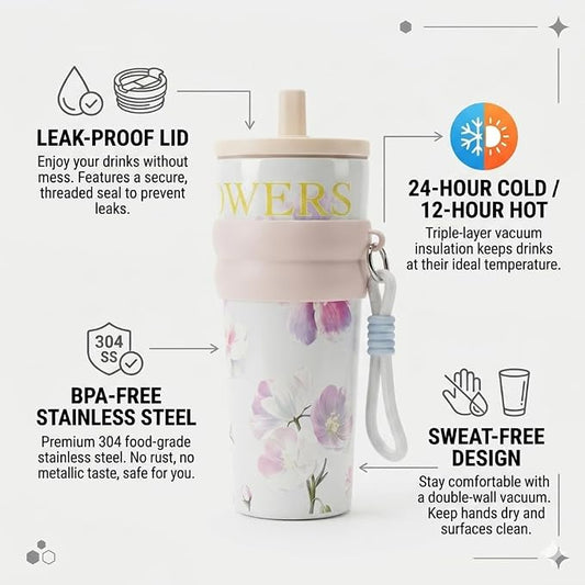 710ml Insulated Stainless Steel Water Bottle with Straw & Carry Strap