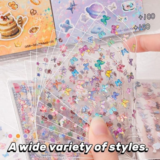 Mini Sticker Book Set 3 Glitter Stickers with Tweezer, 72 Pages Each, Double Coil Binding, Cute Kawaii Transparent Stickers for Scrapbooking DIY Crafts