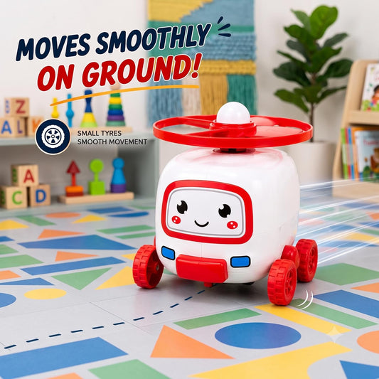 Flying Spinner Helicopter Toy with Cute Robot Face – Pull & Launch Propeller Copter, Musical Light-Up Toy for Kids