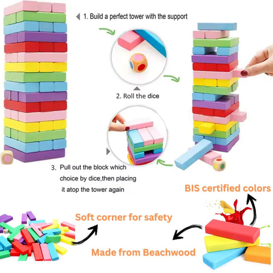 Wooden Stacking Tower Game – 54 Colorful Blocks with Dice