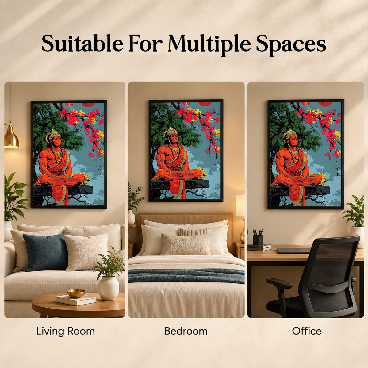 Hanuman Wall Poster with Frame – 12 × 18 Inch Vibrant Hanuman Artwork | Ready to Hang