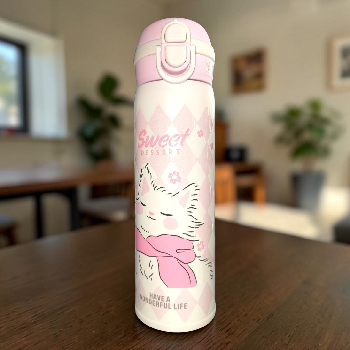 Sweet Dessert Cat Kids Insulated Water Bottle – Cute Pink Cartoon School Flask