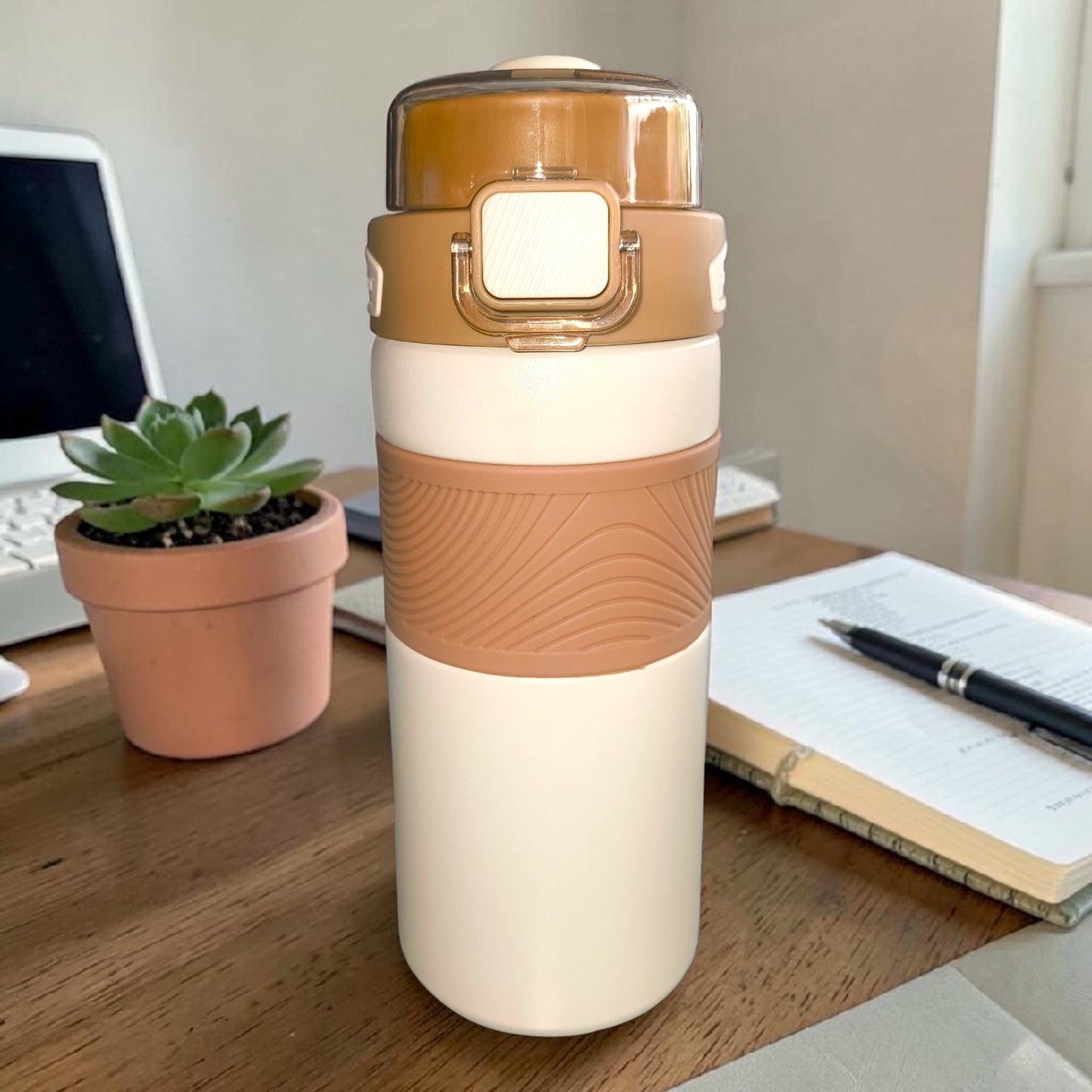 Minimalist Beige Insulated Coffee Tumbler – Leakproof Travel Mug with Flip Lock Lid