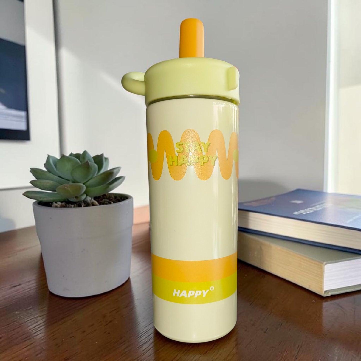 Stay Happy Pastel Insulated Water Bottle with Straw – Cute Minimalist Travel Flask