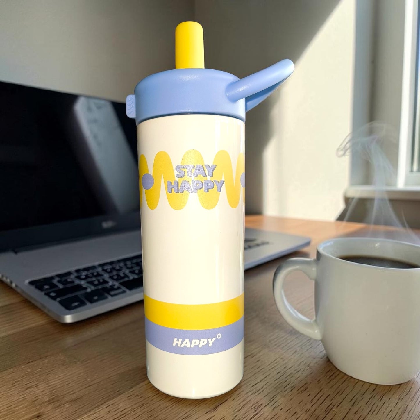 Stay Happy Pastel Insulated Water Bottle with Straw – Cute Minimalist Travel Flask