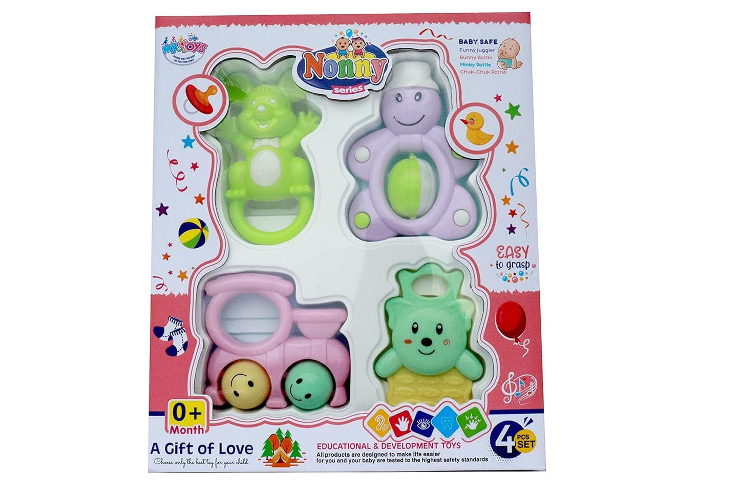 Musical Rattle & Teether Toy Set – Pack of 4 Preschool Toys for Kids (Multicolor)