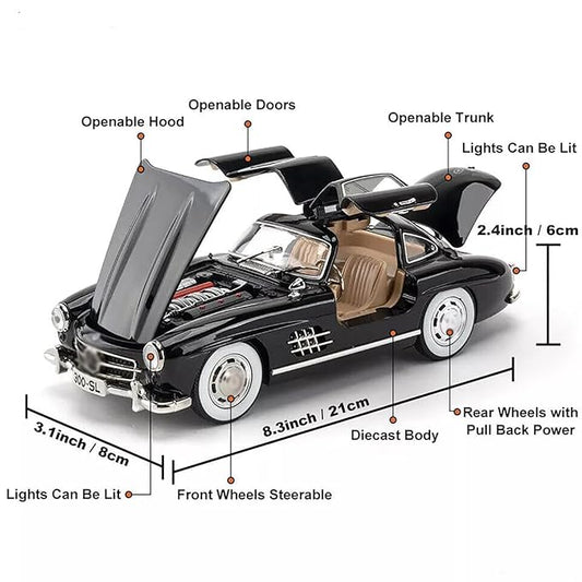 :24 SL300 Vintage Toy Car Classic Model Toy Car for Kids Diecast Metal Cars Light Sound Pullback Openable Door (Black)