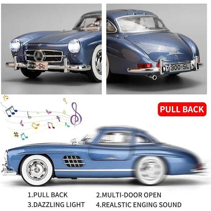 :24 SL300 Vintage Toy Car Classic Model Toy Car for Kids Diecast Metal Cars Light Sound Pullback Openable Door (Black)