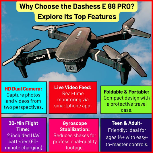 E88 PRO Foldable Drone with Dual HD Camera & 30-Min Flight – with 2 Batteries & Case (14+)