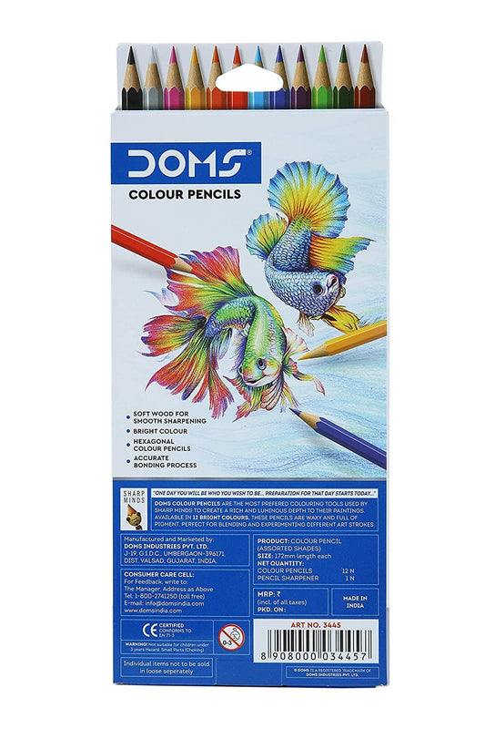 DOMS 12-Color Pencils – Hexagonal Grip, Free Sharpener (Pack of 1)