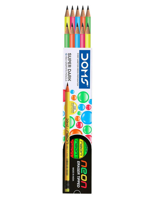 DOMS Neon Rubber Tipped HB/2 Graphite Pencils – Pack of 10 with Sharpener