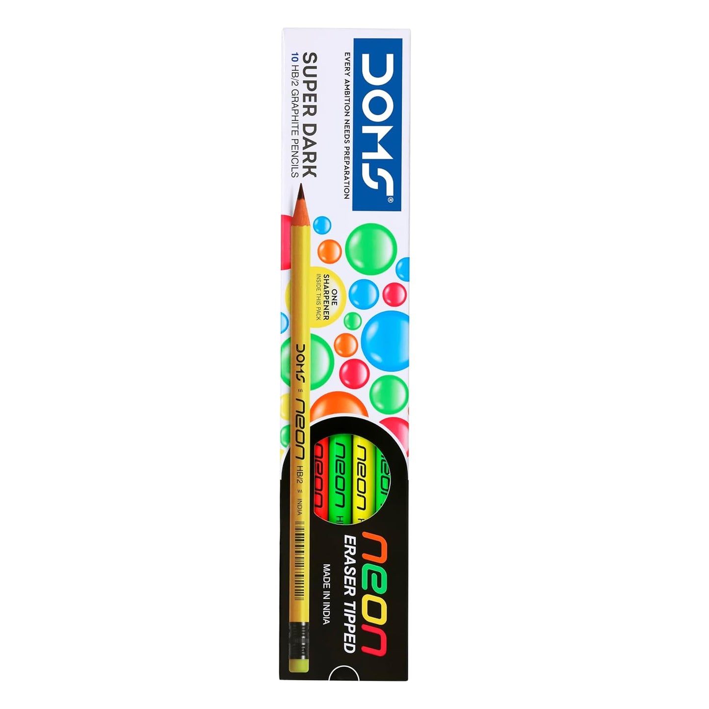 DOMS Neon Rubber Tipped HB/2 Graphite Pencils – Pack of 10 with Sharpener