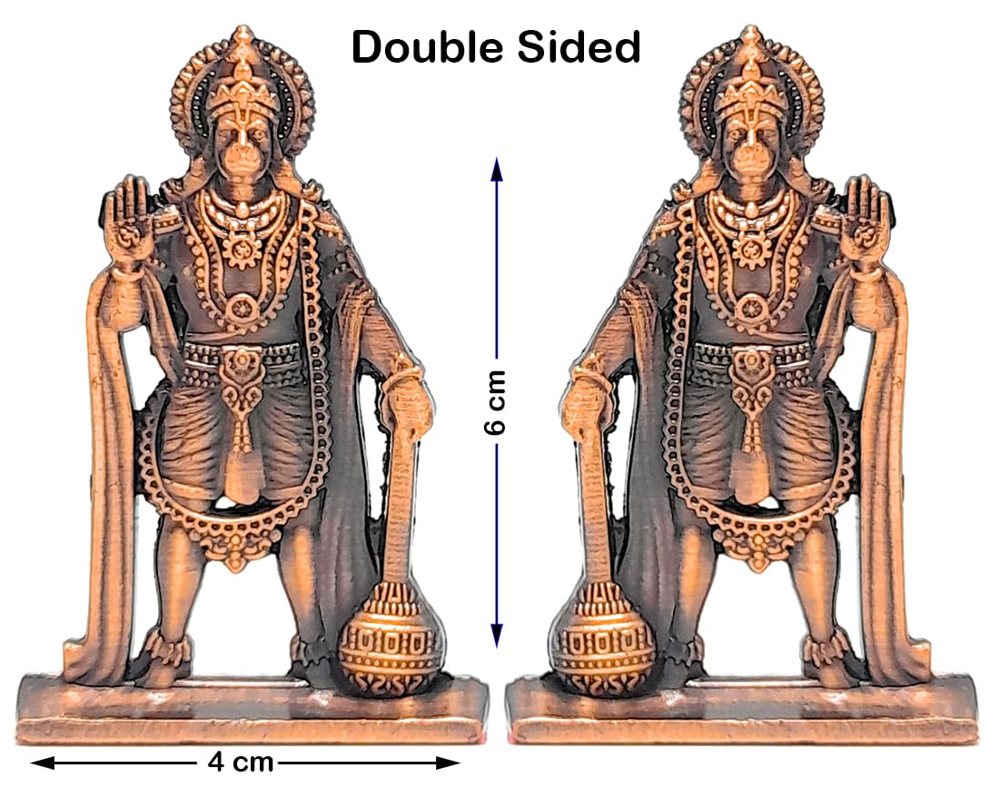 Double Sided Metal Lord Bajrangbali Hanuman Idol for Car Dashboard Office Table Temple Mandir Bedroom Living Room Hanuman Jayanti Metal Idol (Brown)