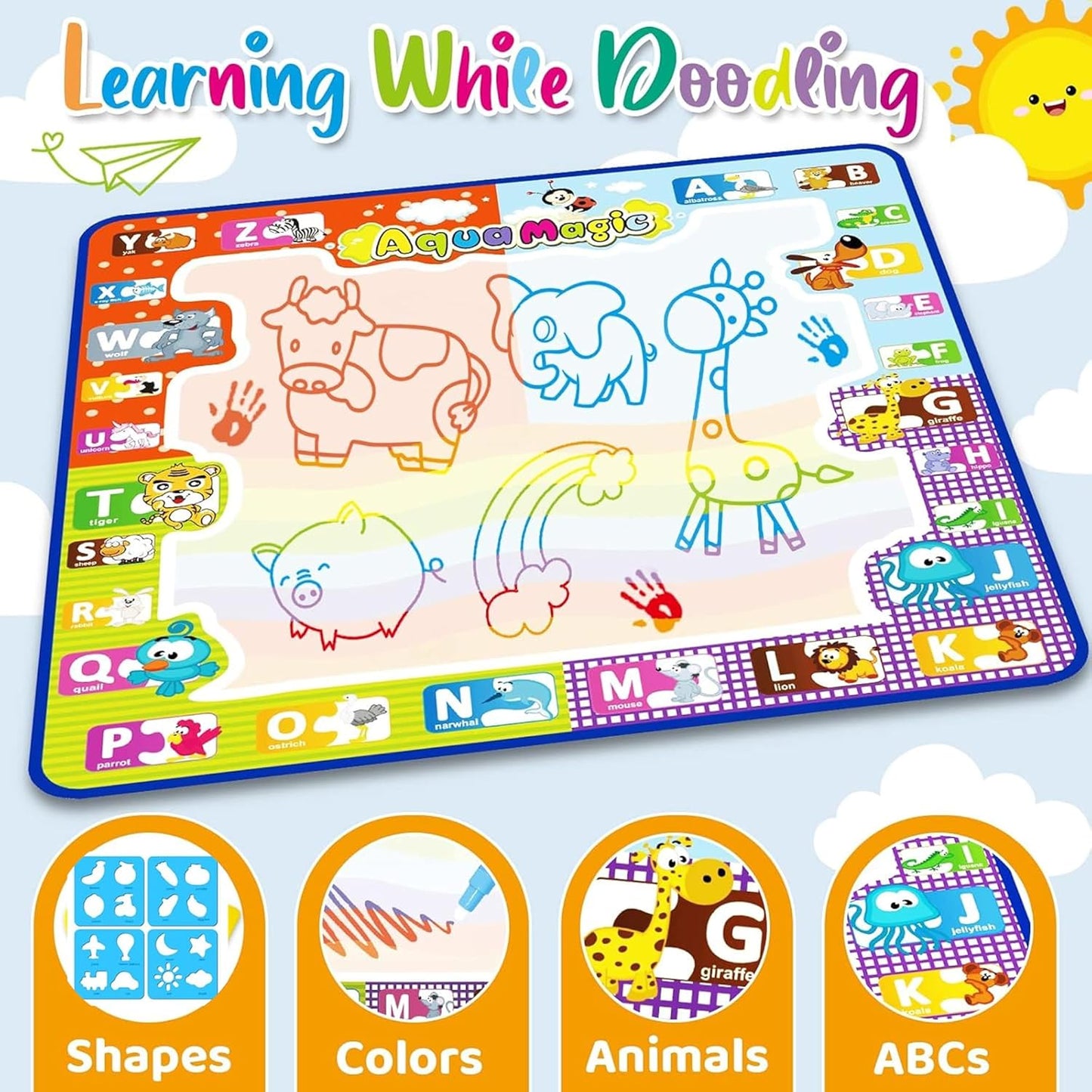 2-in-1 Doodle Water Drawing Mat for Kids 3+ Years – No-Mess Reusable Magic Coloring & Educational Painting Toy for Toddlers.