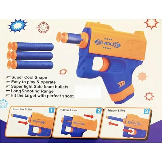 Mini Soft Blaster Toy Gun with 3 Foam Bullets, Manual Operation, Safe Long Range Shooting, Blue-Orange.