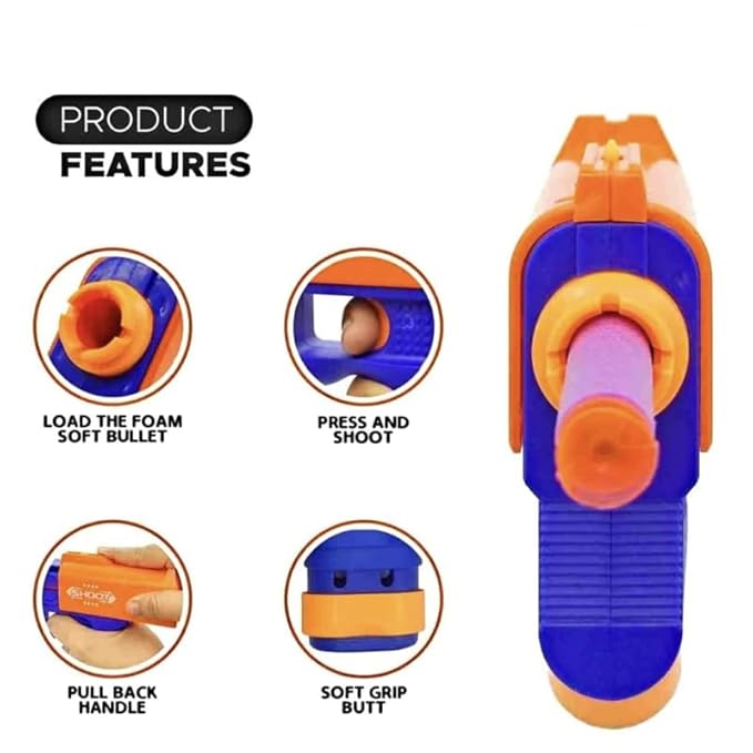Mini Soft Blaster Toy Gun with 3 Foam Bullets, Manual Operation, Safe Long Range Shooting, Blue-Orange.