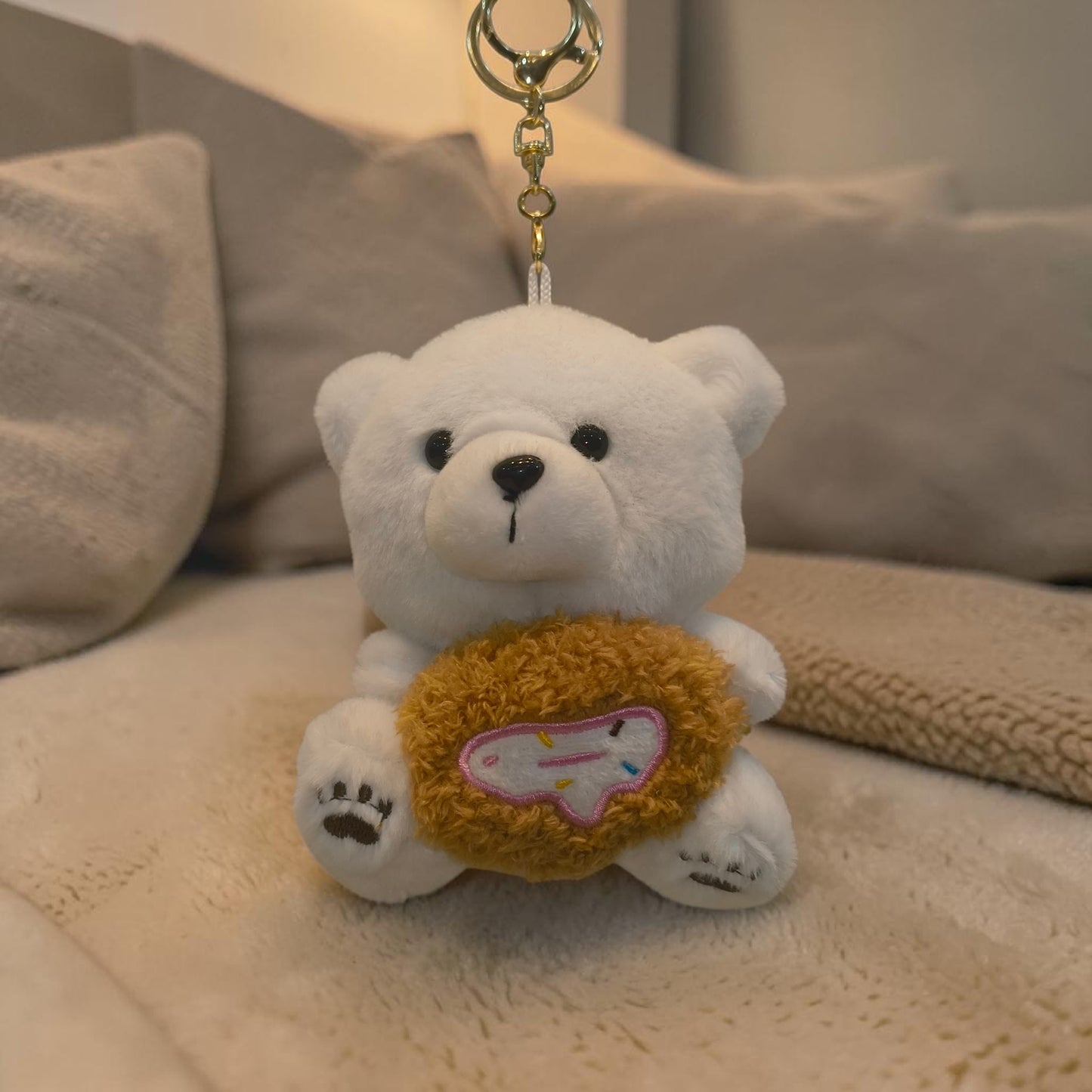 Cute White Teddy Donut Keychain | Plush Bag Charm