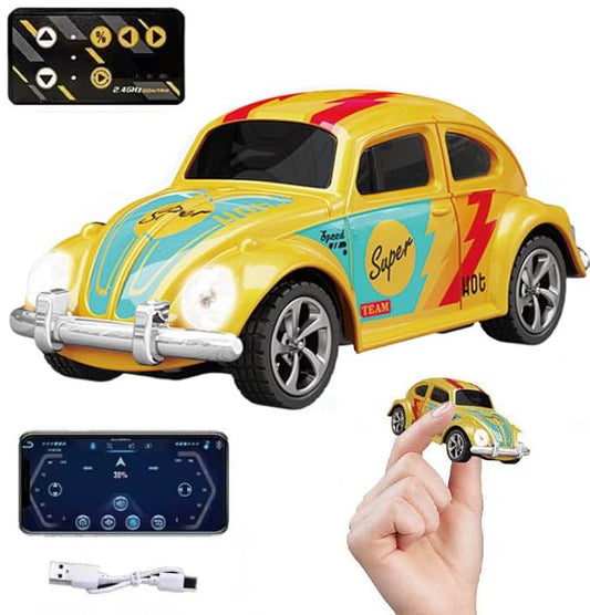 Remote Control Small Car, 1:64 Scale Off-Road RC Car, USB Rechargeable 2.4GHZ Three Speed Indoor Alloy Vehicle for Kids (Bettle Car with App Control) (Red)