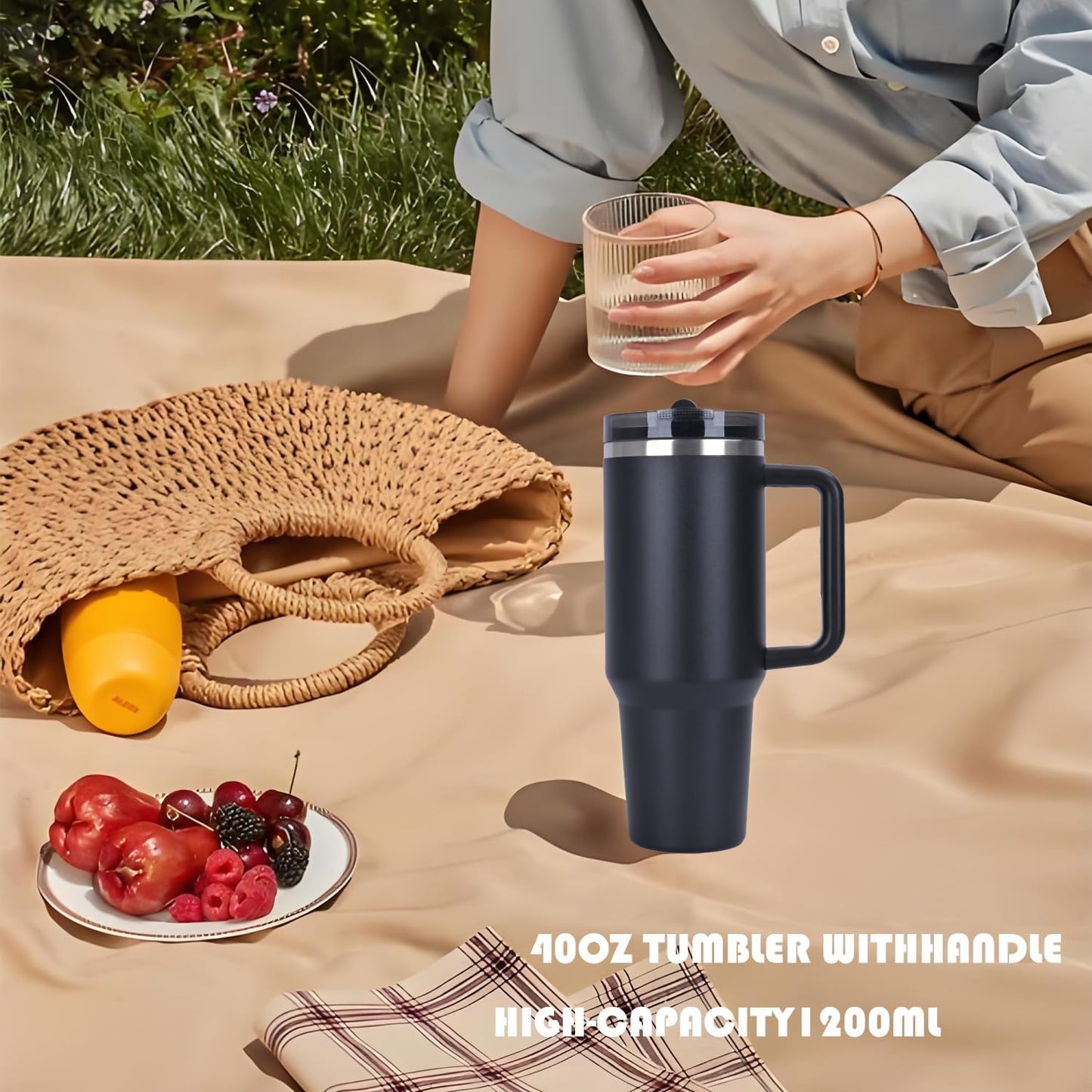 Leak-Proof Insulated Tumbler with Handle – 2 Lids, Hot & Cold (Black)