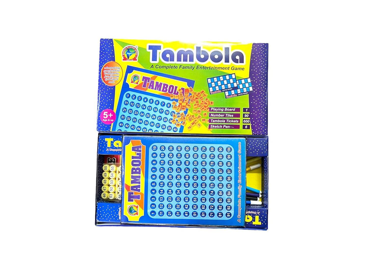 Tambola Housie Game Set – 600 Tickets, 6 Sketch Pens & 90 Number Tiles