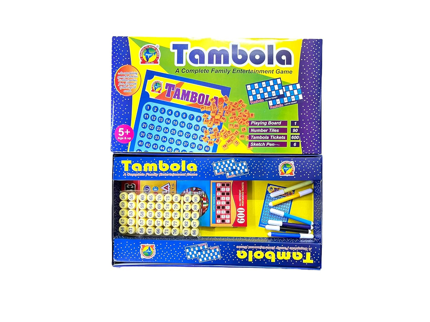 Tambola Housie Game Set – 600 Tickets, 6 Sketch Pens & 90 Number Tiles
