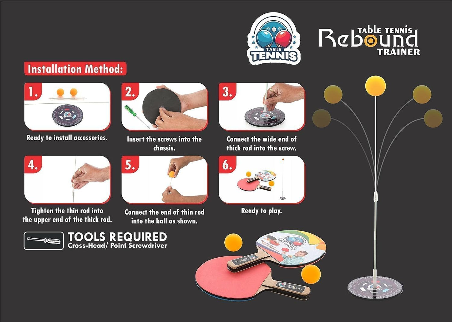 Table Tennis Trainer Toys for Kids & Adults | Rebound Rackets and Balls Base Training Practice Set | Outdoor Indoor Games for Boys & Girls (Multi)