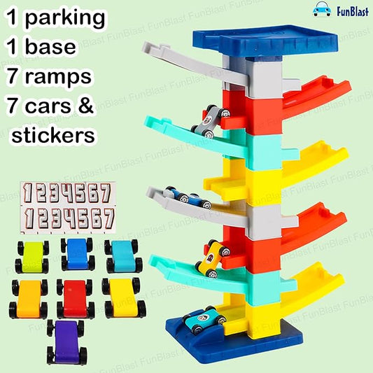 Zig Zag Gliding Car Track - 9 Levels, 7 Pcs Random Color Racer Cars for Kids