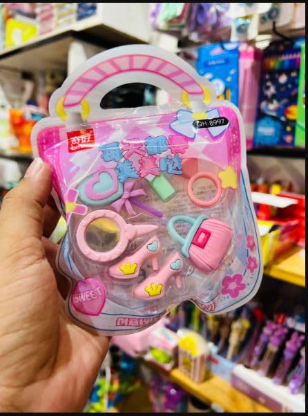 Cartoon Barbie Makeup Theme Erasers Set for Kids – Stylish Pencil & Rubber Erasers, 7 Pcs Stationery Kit, Perfect Birthday Return Gift, Fun Party Favors, Creative School Supplies, Non-Toxic Gift Pack