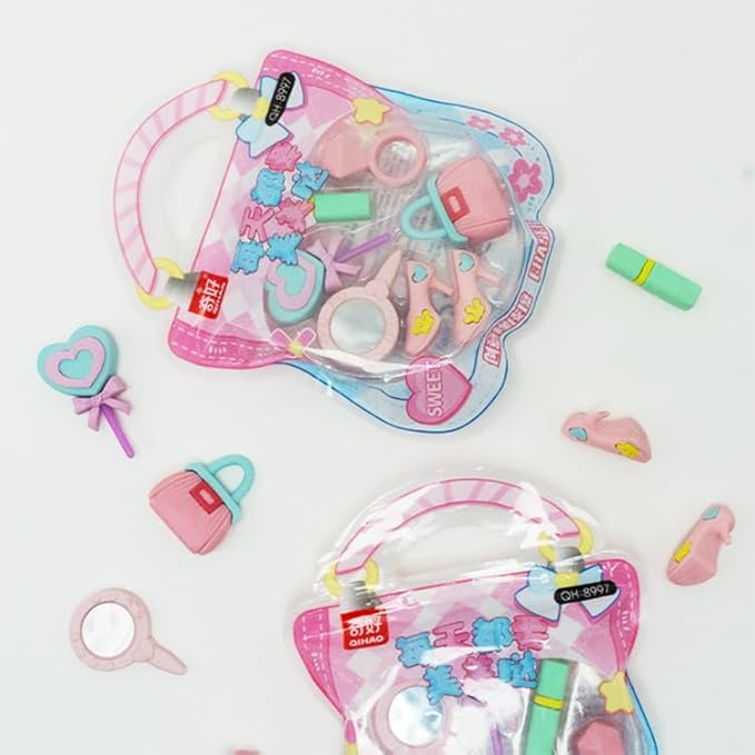 Barbie Makeup Theme Eraser Set – 7-Piece Cartoon Stationery Kit for Kids