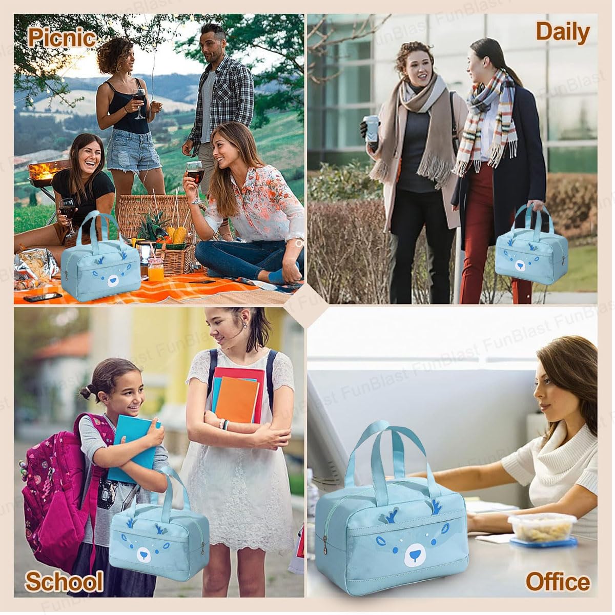 Rectangle Insulated Travel Lunch Bag – Multi-Purpose Tiffin Carrier (Sky Blue)