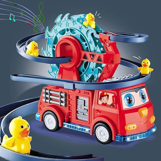 Fire Truck with Climbing Duck & Siren Sounds – Auto-Steering 3D Light Fire Engine for Loud Play