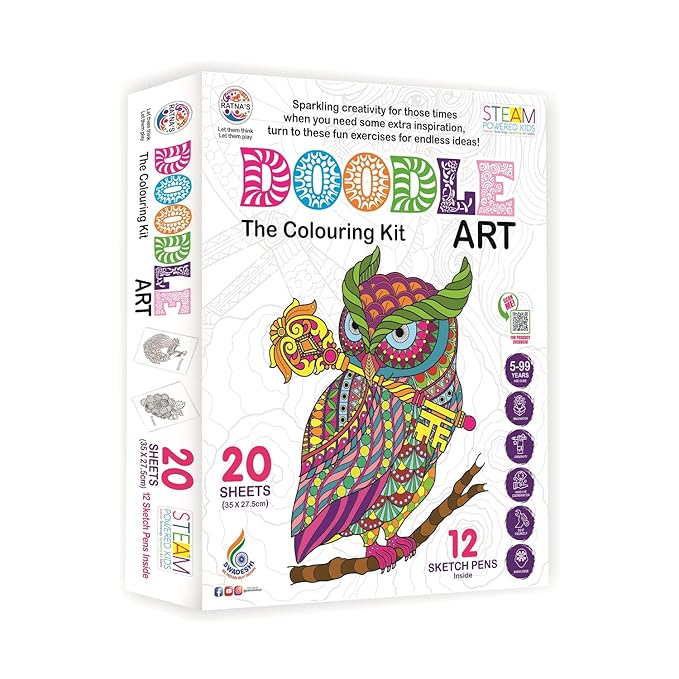 Doodle Art Colouring Kit - 20 Sheets & 12 Sketch Pens - Fun and Educational Colouring Set for Kids and Adults - Doodle Animal & Bird Design - Let Your Creativity Shine.