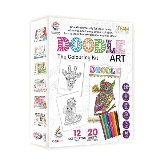 Doodle Art Colouring Kit - 20 Sheets & 12 Sketch Pens - Fun and Educational Colouring Set for Kids and Adults - Doodle Animal & Bird Design - Let Your Creativity Shine.