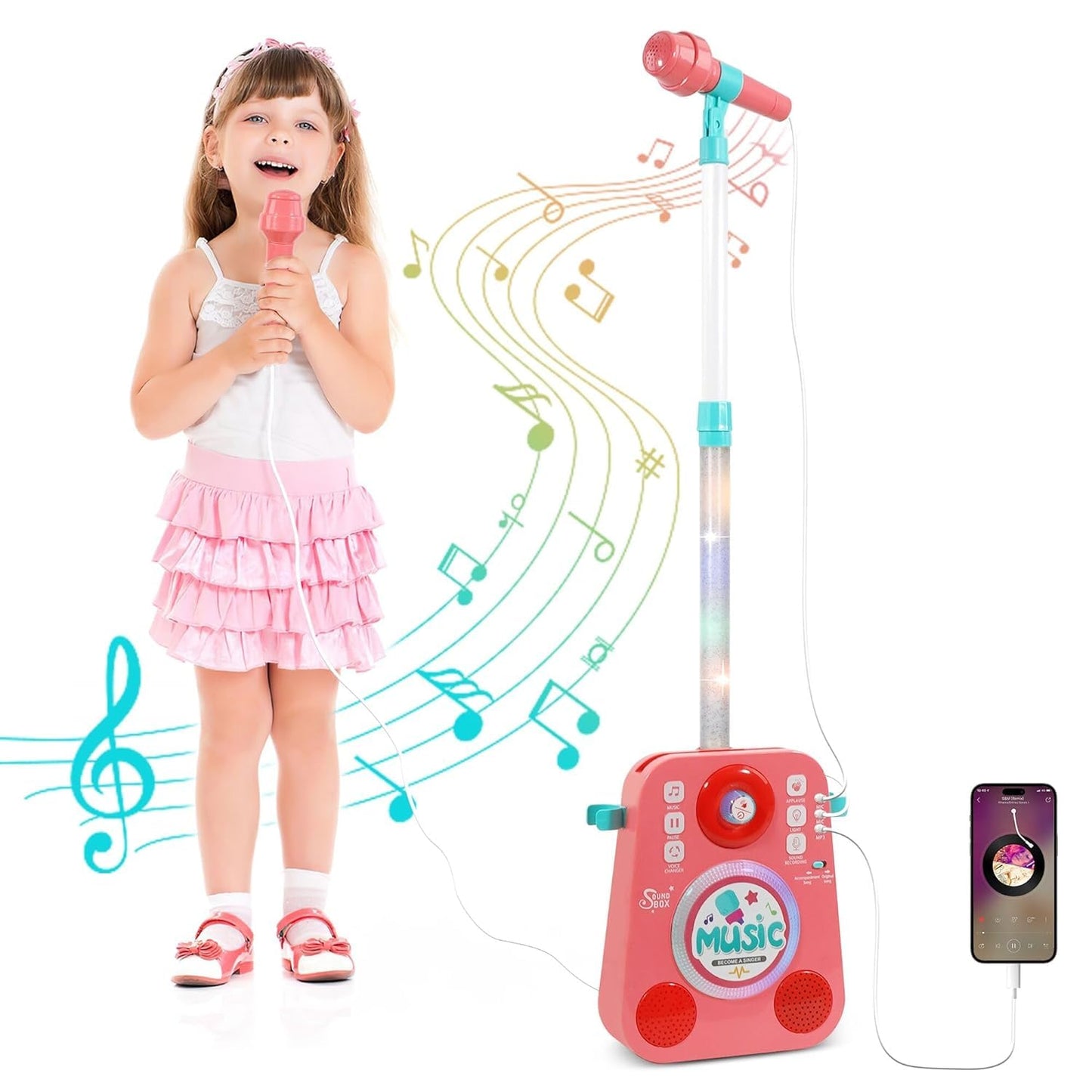 Kids Karaoke Machine with 2 Mics & Stand – Music Toy with Lights & Voice Changer (Ages 3–10)
