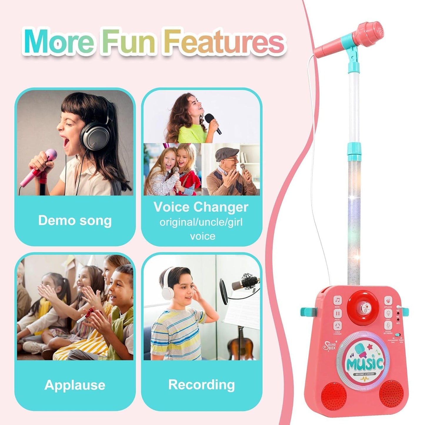 Kids Karaoke Machine with 2 Mics & Stand – Music Toy with Lights & Voice Changer (Ages 3–10)