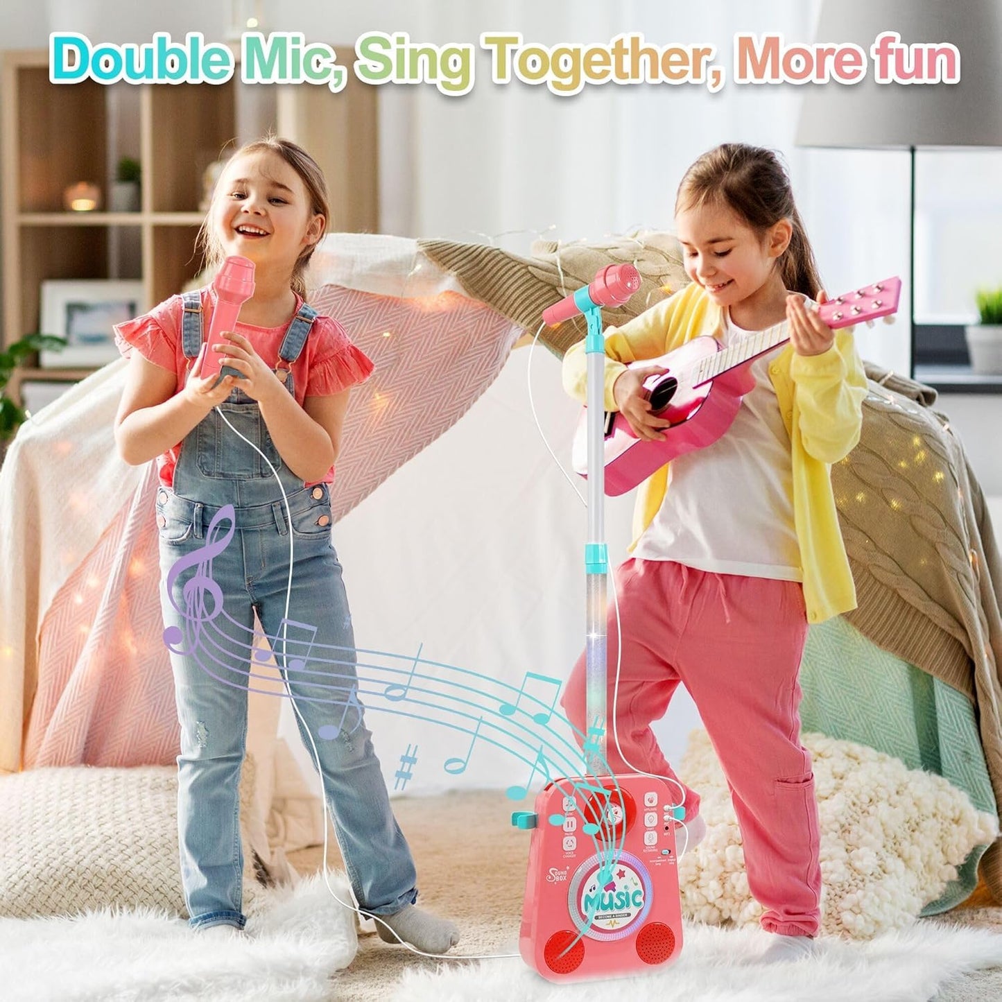 Kids Karaoke Machine with 2 Mics & Stand – Music Toy with Lights & Voice Changer (Ages 3–10)