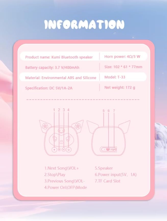 Kuromi Portable Bluetooth Speaker 3W Output | Wireless Mini Speaker with Memory Card Support | 800mAh Battery, 60Hz-23KHz Frequency | Compact & Portable Music Speaker (Pink)
