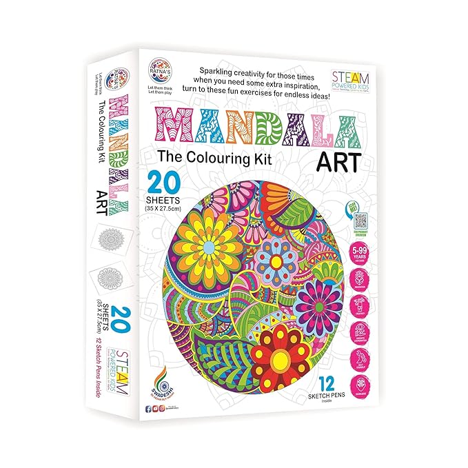 Mandala Art Colouring Kit - 20 Sheets with 12 Sketch Pens Inside - Art & Craft Creative Coloring Fun for All Ages