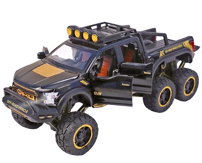 Ford Raptor F150 Pickup Model Exclusive Alloy Diecast Pull Back Toy car with Openable Doors & Light Music Toys for Kids Boy Girl Gift (1:24 F150 Raptor 6X6 - Black)