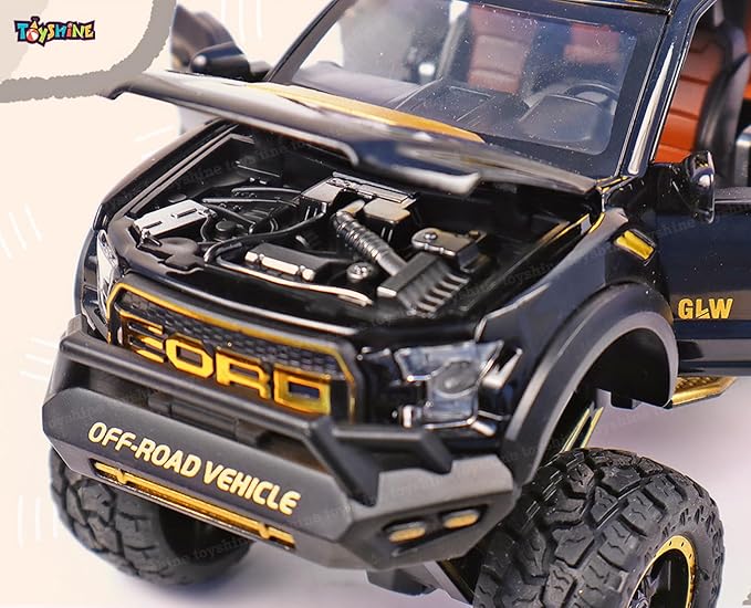 Ford Raptor F150 Pickup Model Exclusive Alloy Diecast Pull Back Toy car with Openable Doors & Light Music Toys for Kids Boy Girl Gift (1:24 F150 Raptor 6X6 - Black)
