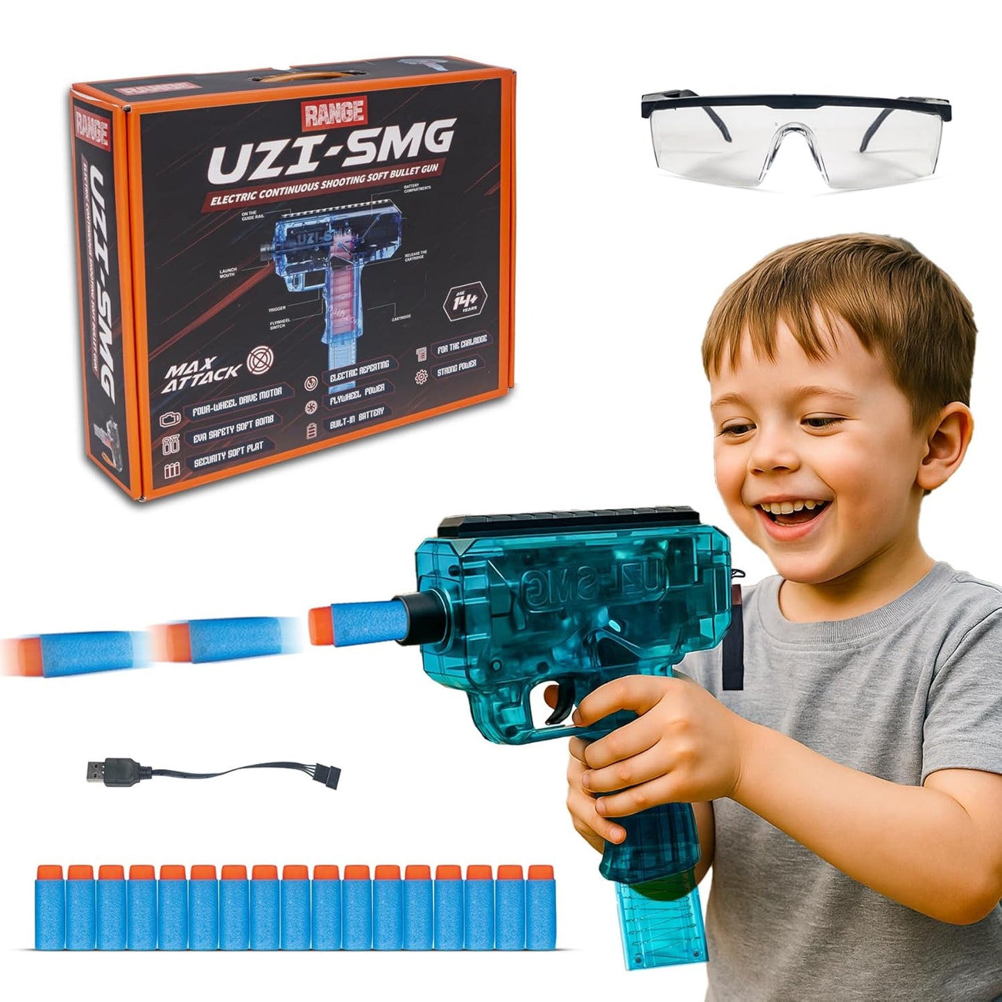 Uzi-SMG Automatic Foam Dart Rapid Fire Toy Blaster with Soft Bullets Battery Operated Machine Gun