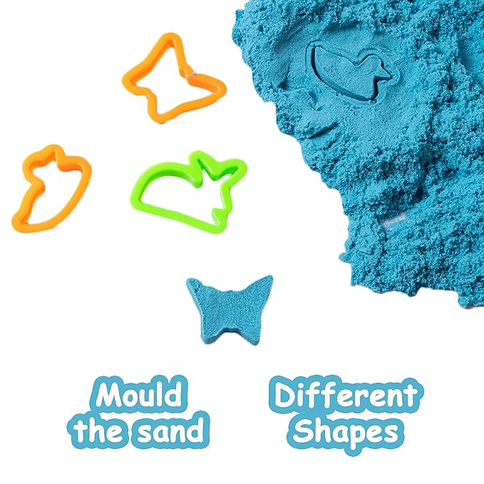 Fantasy Sand 500 Grams with Inflatable Tray, 1 Big Mould, 6 Small Moulds & 1 Toy Plastic Knife | Smooth, Non Sticky Sand Set for Kids. Assorted Colours